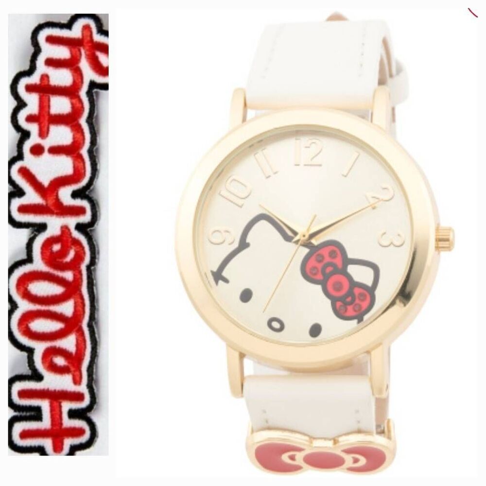 Hello Kitty Logo Rhinestone Bow & Bow Charm Gold Faced Watch‎
